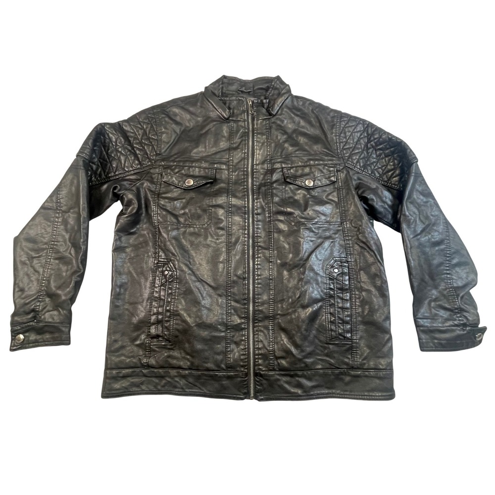 Bleu Grandeur Mens Black Faux Leather Quilted Moto Jacket‎ Faux Fur Lined Large